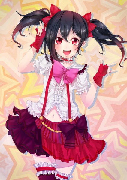 Anime picture 1748x2480 with love live! school idol project sunrise (studio) love live! yazawa nico mst1ng single tall image looking at viewer blush highres short hair open mouth black hair smile red eyes twintails girl thighhighs skirt gloves
