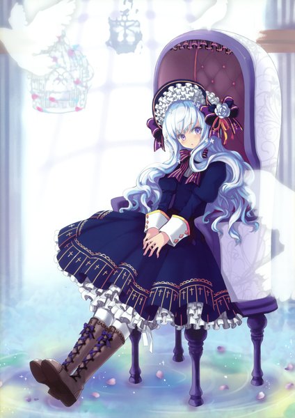 Anime picture 2470x3496 with snow ring - la vie en rose (artbook) juke long hair tall image highres sitting purple eyes blue hair loli lolita fashion girl dress hat boots armchair