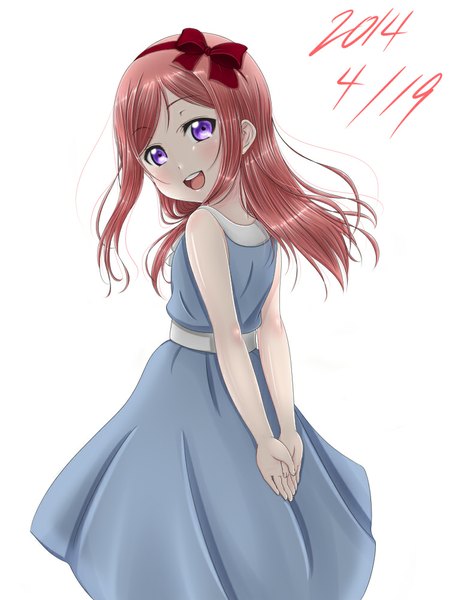 Anime picture 749x1000 with love live! school idol project sunrise (studio) love live! nishikino maki roaru (gyuren) single long hair tall image looking at viewer blush open mouth white background purple eyes pink hair girl dress bow hair bow hairband sundress