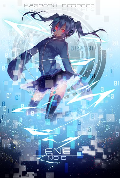 Anime picture 1000x1480 with kagerou project shaft (studio) ene (kagerou project) mizutama (mao11260510) single long hair tall image looking at viewer smile red eyes twintails blue hair long sleeves pleated skirt zettai ryouiki character names girl thighhighs skirt jacket