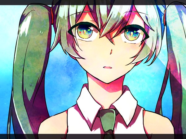 Anime picture 1000x750 with vocaloid hatsune miku ringomaru single long hair looking at viewer open mouth simple background twintails bare shoulders green hair portrait blue background multicolored eyes girl
