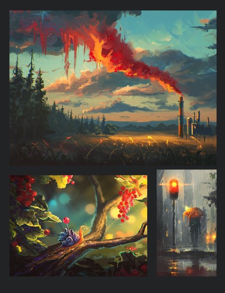 Anime picture 1956x2551 with original sylar113 tall image highres standing sky cloud (clouds) wet reflection smoke rain ambiguous gender flower (flowers) plant (plants) tree (trees) food umbrella grass branch berry (berries)