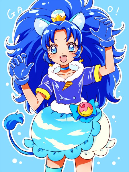 Anime picture 750x1000 with precure kirakira precure a la mode toei animation tategami aoi cure gelato kagami chihiro single long hair tall image looking at viewer blush open mouth blue eyes simple background animal ears blue hair ponytail tail animal tail blue background