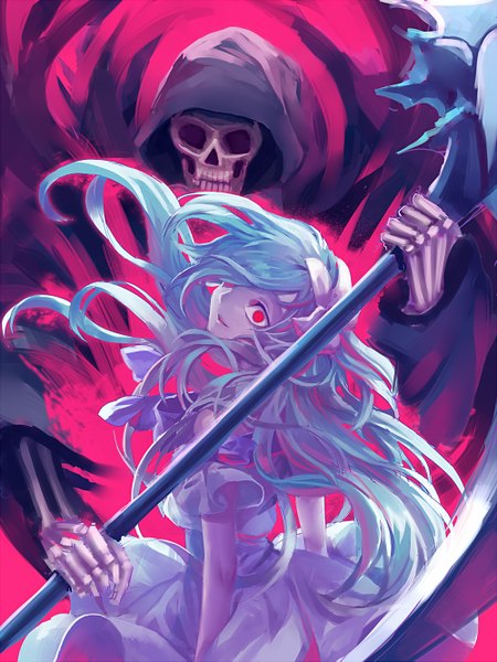Anime picture 1000x1333 with talesweaver death (entity) grim reaper shionty long hair tall image fringe smile red eyes bare shoulders holding blue hair parted lips looking back from behind hair over one eye girl dress hair ornament weapon
