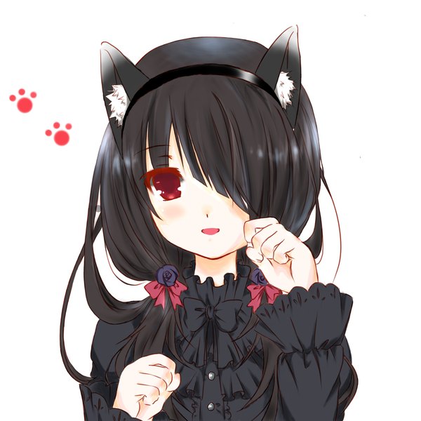 Anime picture 2000x2000 with date a live tokisaki kurumi single long hair blush fringe highres open mouth black hair red eyes white background animal ears cat ears hair over one eye cat girl girl dress black dress