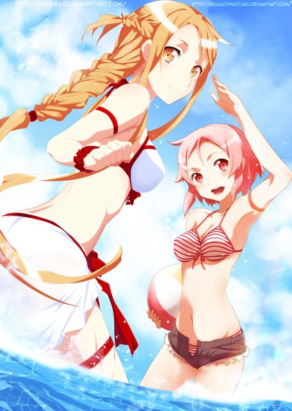 Anime picture 3024x4250 with sword art online a-1 pictures yuuki asuna lisbeth darkmaza sebaemanuel long hair tall image blush highres short hair open mouth light erotic red eyes multiple girls pink hair absurdres sky cloud (clouds) braid (braids)