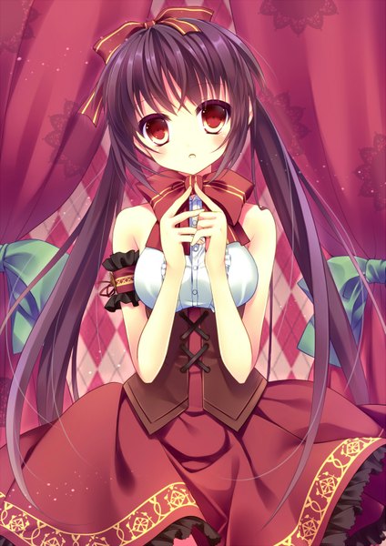 Anime picture 1131x1600 with original nametakenoko single long hair tall image looking at viewer blush red eyes purple hair girl dress bow hair bow