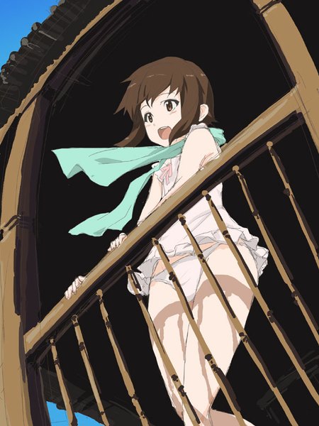 Anime picture 600x800 with sora no woto a-1 pictures sorami kanata tooya daisuke single tall image blush fringe short hair open mouth light erotic brown hair bare shoulders brown eyes looking away sky wind shadow from below girl