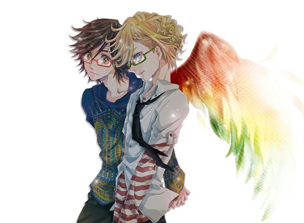 Anime picture 1162x856 with kamen rider ankh eiji hino endlphin short hair simple background blonde hair brown hair white background striped curly hair boy wings glasses necktie