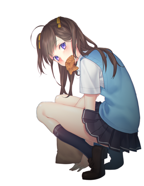 Anime picture 1051x1353 with original lio (rumei2265874644) single long hair tall image blush fringe brown hair purple eyes holding looking away full body ahoge two side up mouth hold squat transparent background between legs girl uniform