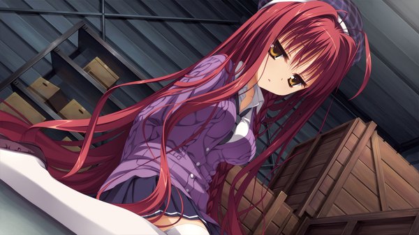 Anime picture 1280x720 with dracu-riot! yuzusoft yarai miu single long hair wide image sitting brown eyes game cg red hair braid (braids) girl thighhighs skirt miniskirt white thighhighs sweater beret