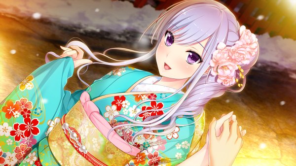 Anime picture 1280x720 with gin'iro haruka kisaragi mizuha koizumi amane long hair blush fringe open mouth wide image purple eyes payot game cg purple hair upper body traditional clothes japanese clothes from above dutch angle floral print side ponytail holding hands