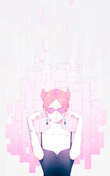 Anime picture 3189x5079 with original moss (2225028) single tall image highres short hair open mouth bare shoulders pink hair absurdres upper body nail polish inscription arms up :o hair bun (hair buns) sleeveless pink background stamp girl