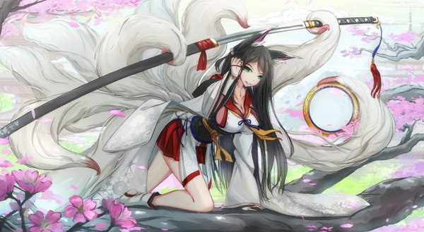 Anime picture 2114x1160 with original kikivi single long hair looking at viewer highres light erotic black hair wide image green eyes animal ears tail cherry blossoms multiple tails unsheathing girl flower (flowers) weapon plant (plants) petals