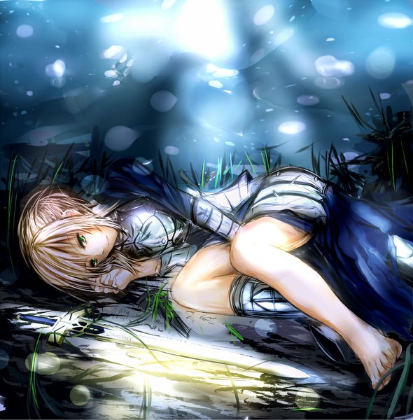 Anime picture 983x1000 with fate (series) fate/stay night studio deen type-moon artoria pendragon (all) saber misaka 12003-gou single long hair tall image blush blonde hair smile green eyes lying barefoot on side light between legs single shoe