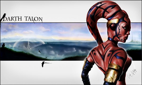 Anime picture 1600x952 with star wars darth talon m-for-moddel red eyes wide image sky cloud (clouds) looking back lips realistic inscription landscape red skin girl animal bird (birds)