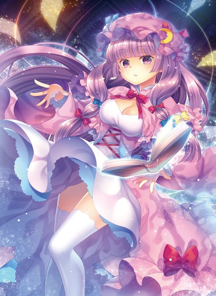 Anime picture 1000x1373 with touhou patchouli knowledge capura lin single long hair tall image looking at viewer fringe breasts purple eyes purple hair bent knee (knees) blunt bangs parted lips :o floating hair magic girl thighhighs dress