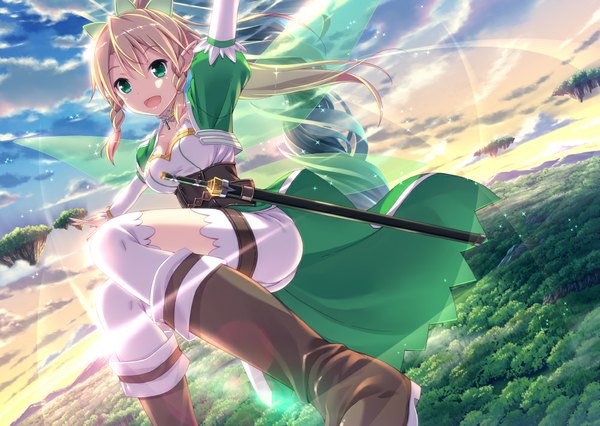 Anime picture 1000x711 with sword art online a-1 pictures leafa uehara yukihiko single long hair open mouth blonde hair green eyes sky cloud (clouds) braid (braids) pointy ears twin braids elf flying girl thighhighs dress weapon