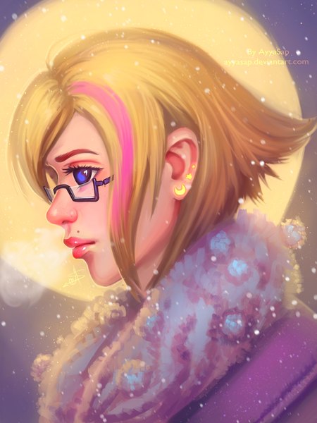 Anime picture 1536x2048 with ayyasap single tall image short hair blue eyes blonde hair profile lips realistic mole girl glasses moon full moon winter clothes