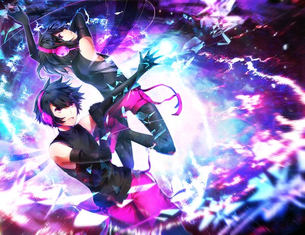 Anime picture 875x675 with vocaloid lulu season short hair open mouth black hair smile profile pink eyes looking back light boy gloves black gloves elbow gloves headphones