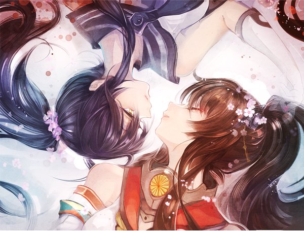 Anime picture 1028x780 with kantai collection yamato super battleship yahagi light cruiser cis (carcharias) long hair black hair brown hair bare shoulders multiple girls yellow eyes ponytail lying eyes closed profile girl gloves 2 girls
