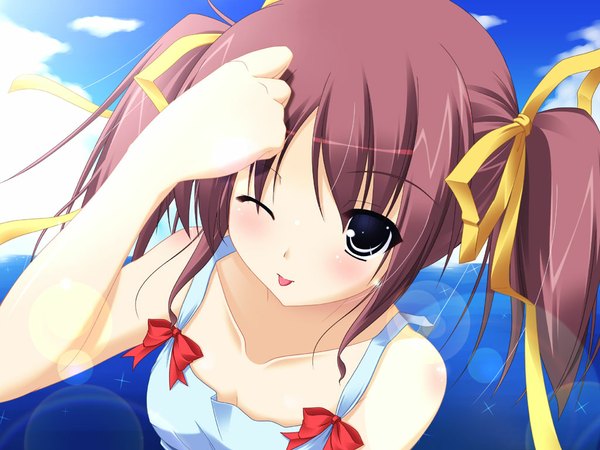 Anime picture 1024x768 with original yoshiharu twintails one eye closed wink :p dojikko pose tongue