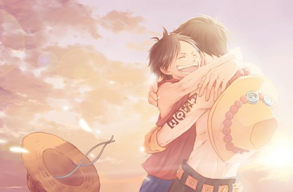 Anime picture 1000x657 with one piece toei animation monkey d. luffy portgas d. ace fringe short hair open mouth black hair sky cloud (clouds) eyes closed tattoo back evening happy sunset muscle siblings brothers hat
