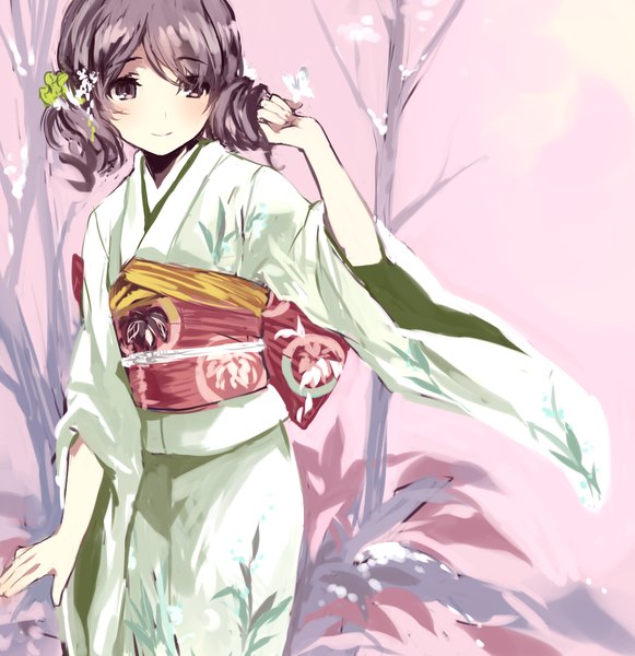 Anime picture 1150x1187 with original tan (tangent) single tall image blush short hair smile purple eyes purple hair japanese clothes girl plant (plants) belt kimono