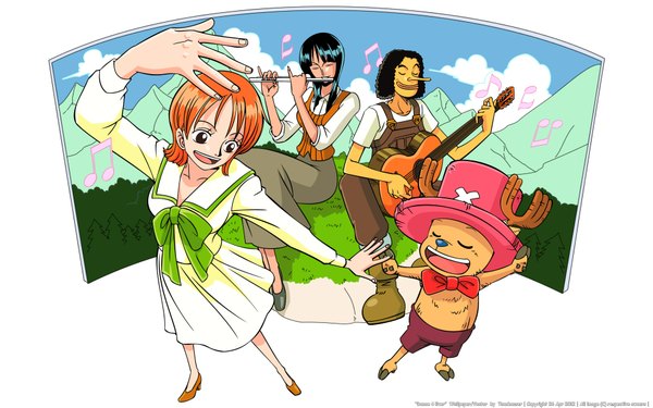 Anime picture 1920x1200 with one piece toei animation nami (one piece) nico robin tony tony chopper usopp highres short hair open mouth black hair smile wide image brown eyes sky cloud (clouds) eyes closed orange hair mountain dancer dress