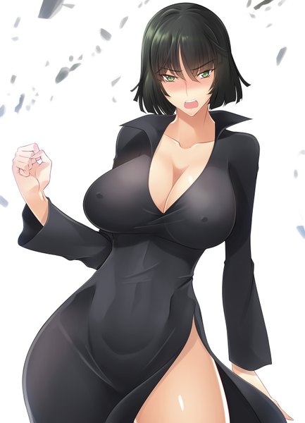 Anime picture 2548x3528 with one-punch man madhouse fubuki (one-punch man) haganef single tall image looking at viewer blush fringe highres short hair breasts open mouth light erotic black hair hair between eyes white background green eyes erect nipples huge breasts