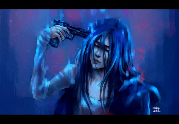 Anime picture 1300x900 with original nanfe single long hair signed blue hair eyes closed nail polish letterboxed girl weapon gun pistol