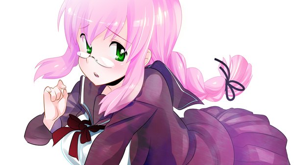 Anime picture 1024x576 with original zpolice long hair wide image green eyes pink hair braid (braids) skirt uniform bow school uniform glasses serafuku