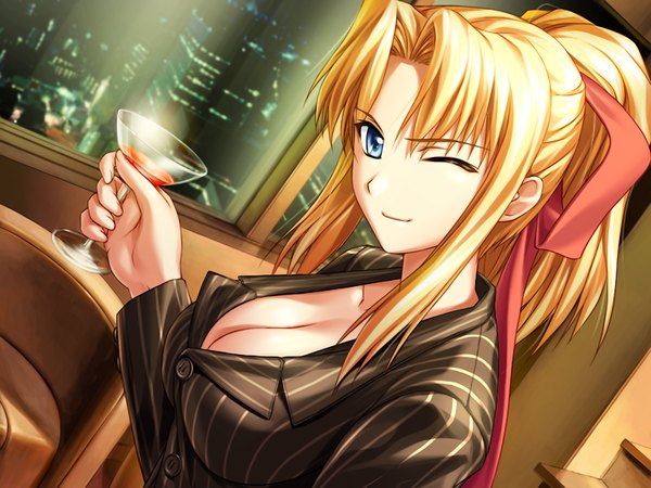 Anime picture 1200x900 with breasts blue eyes light erotic blonde hair game cg ponytail city office lady girl ribbon (ribbons) suit drink