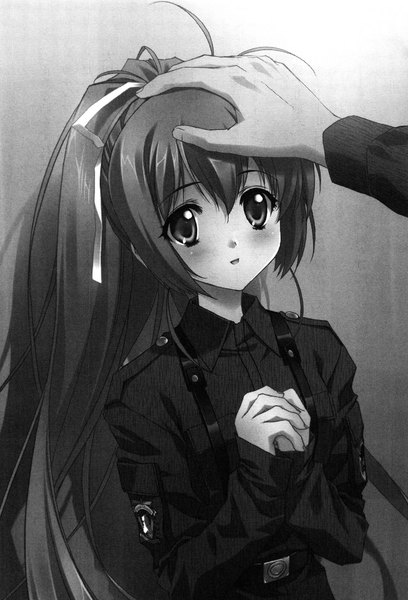 Anime picture 1088x1600 with muv-luv alternative schwarzesmarken muv-luv katia waldheim carnelian single long hair tall image blush fringe open mouth simple background hair between eyes standing ahoge long sleeves scan grey background official art monochrome
