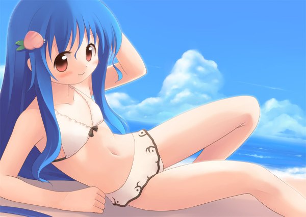 Anime picture 1200x853 with touhou hinanawi tenshi emurin single light erotic brown eyes blue hair loli beach girl swimsuit