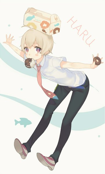 Anime picture 656x1086 with tsuritama a-1 pictures haru (tsuritama) kippu single tall image looking at viewer blush short hair blonde hair purple eyes holding full body ahoge character names mouth hold symbol-shaped pupils spread arms boy uniform