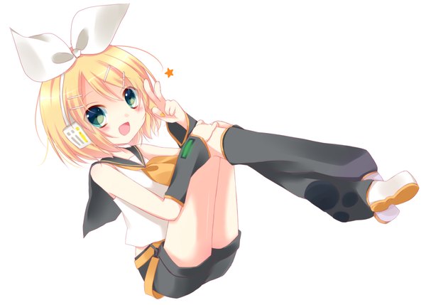 Anime picture 1000x715 with vocaloid kagamine rin hoshi (snacherubi) single looking at viewer blush short hair open mouth simple background blonde hair smile white background sitting green eyes :d girl hair ornament bow ribbon (ribbons) hair bow
