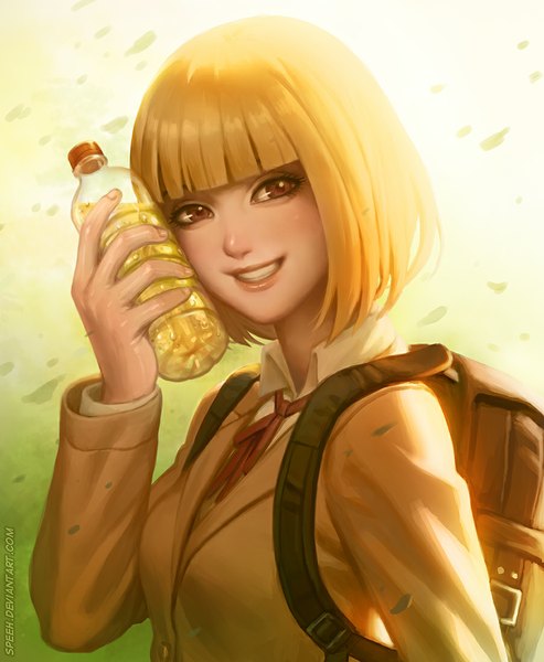 Anime picture 903x1100 with kangoku gakuen midorikawa hana speeh single tall image looking at viewer fringe short hair blonde hair smile brown eyes blunt bangs girl uniform school uniform school bag bottle