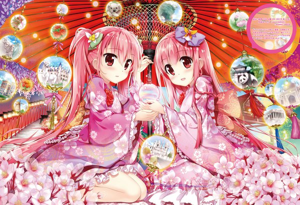 Anime picture 2808x1920 with original eshi 100-nin ten fujima takuya long hair looking at viewer highres red eyes sitting multiple girls pink hair traditional clothes japanese clothes cherry blossoms side ponytail floral print girl hair ornament flower (flowers) weapon 2 girls