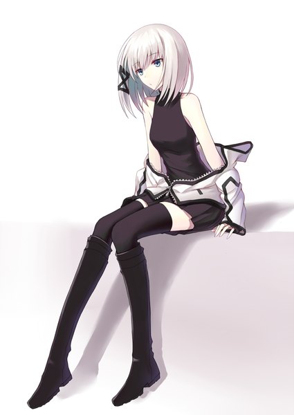 Anime picture 1062x1500 with original kauto single long hair tall image blue eyes sitting looking away silver hair open clothes open jacket sleeveless girl thighhighs dress black thighhighs jacket black dress short dress knee boots