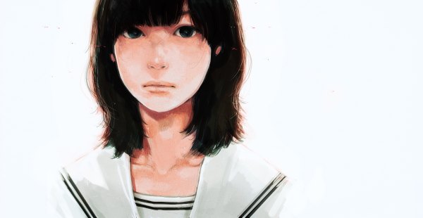 Anime picture 1200x620 with original tae (artist) single looking at viewer short hair simple background brown hair wide image white background aqua eyes lips realistic portrait face girl serafuku