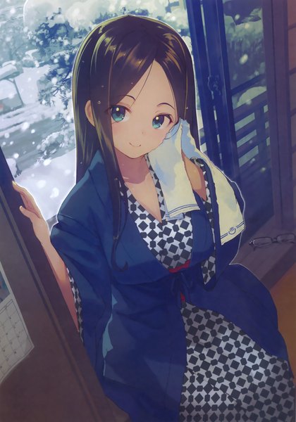 Anime picture 2212x3156 with original girls, girls, girls! 10 (artbook) shirabi single long hair tall image looking at viewer highres blue eyes smile brown hair indoors traditional clothes japanese clothes from above scan snowing winter eyewear removed girl