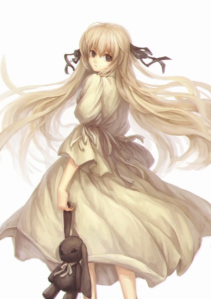 Anime picture 1240x1754 with yosuga no sora kasugano sora yinanhuanle single long hair tall image looking at viewer fringe simple background blonde hair standing white background twintails brown eyes turning head girl dress ribbon (ribbons) white dress toy