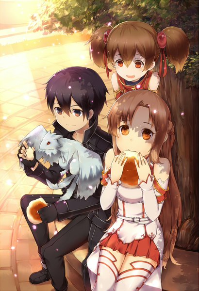Anime picture 1231x1800 with sword art online a-1 pictures yuuki asuna kirigaya kazuto silica pina (sao) long hair tall image black hair red eyes brown hair sitting twintails multiple girls brown eyes short twintails eating girl thighhighs boy