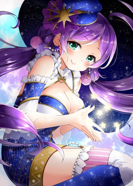 Anime picture 1000x1399 with love live! school idol project sunrise (studio) love live! toujou nozomi hazuki natsu single long hair tall image looking at viewer blush breasts light erotic smile large breasts twintails green eyes cleavage purple hair low twintails girl