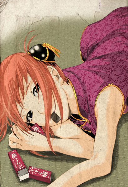 Anime picture 1098x1602 with gintama sunrise (studio) kagura (gintama) nagasode fusoku single tall image looking at viewer fringe short hair lying traditional clothes black eyes orange hair mouth hold chinese clothes eating girl dress food chinese dress