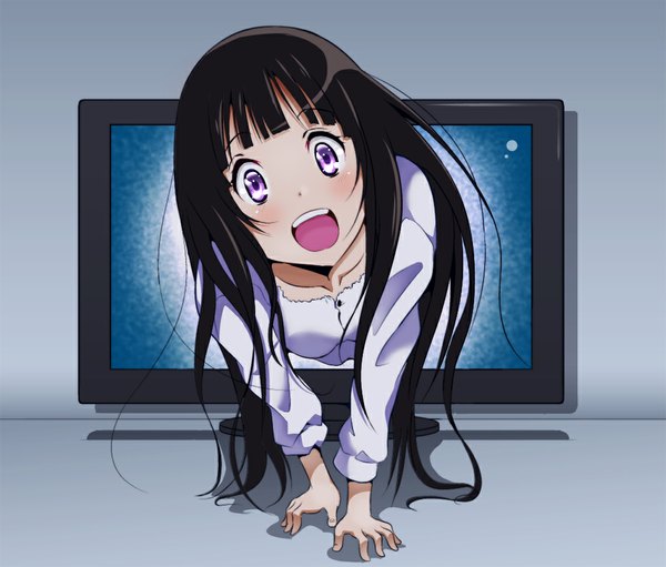 Anime picture 1017x867 with hyouka kyoto animation chitanda eru kawamura river single long hair looking at viewer blush open mouth black hair purple eyes girl television