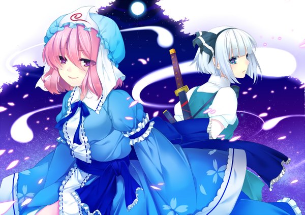 Anime picture 1253x885 with touhou konpaku youmu saigyouji yuyuko myon mi (liki1020) short hair blue eyes purple eyes multiple girls pink hair white hair ghost girl dress weapon 2 girls petals sword hairband katana