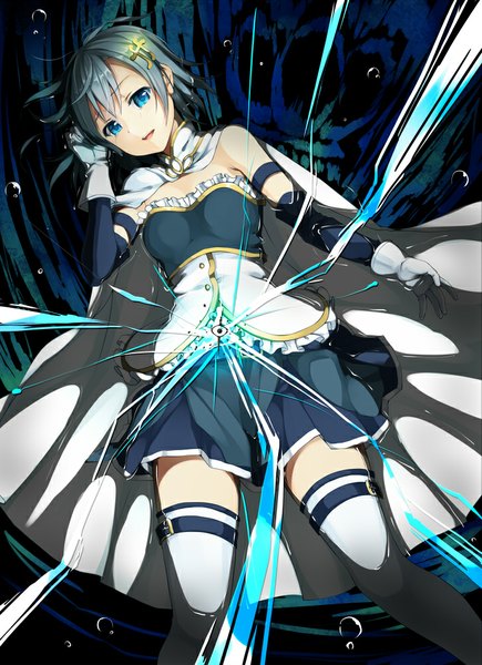 Anime picture 726x1000 with mahou shoujo madoka magica shaft (studio) miki sayaka unasaka ryou single tall image looking at viewer short hair open mouth blue eyes blue hair girl thighhighs dress gloves hair ornament white thighhighs elbow gloves