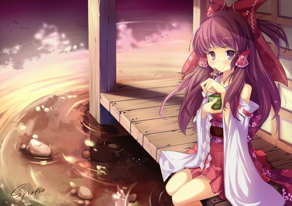 Anime picture 1280x905 with touhou hakurei reimu spirtie long hair purple eyes signed purple hair half updo miko girl bow hair bow detached sleeves water cup tea yunomi